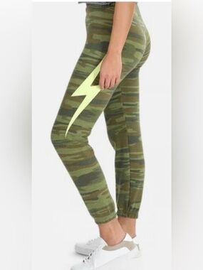 Aviator Nation Camo with Neon Yellow Lightening Bolt Sweatpants